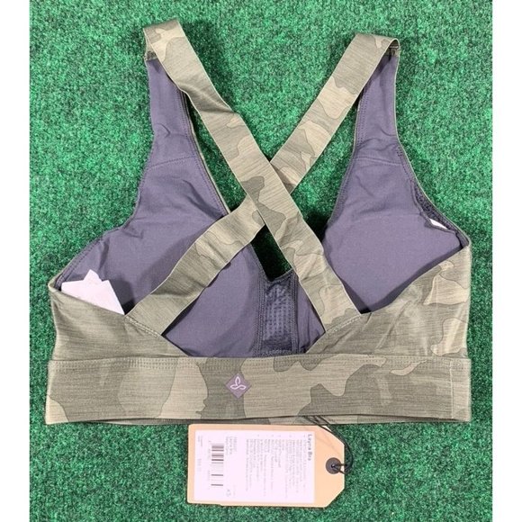 Prana Layna Bra Sage Camo Green Strappy V Neck Sports Bra NEW Size XS - Picture 2 of 7